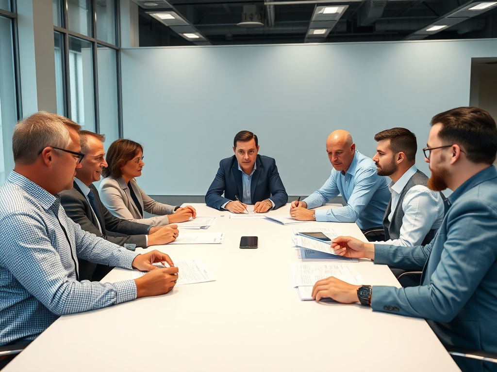 Spray foam industry professionals discussing standards at an industry meeting